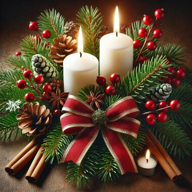 Ein festlicher Adventskranz mit zwei weißen Kerzen und einer roten Schleife. Umgeben von Tannenzweigen, Tannenzapfen und roten Beeren. | © KI generiert