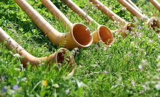 A series of alphorns lies in the grass. The horns are made of wood and surrounded by colorful flowers. | © OBERSTDORF · KLEINWALSERTAL BERGBAHNEN