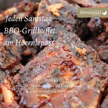 Delicious BBQ grill buffet served every Saturday at Hörnlepass. Enjoy tasty grilled dishes in a sociable atmosphere from 5:00 PM to 8:00 PM. | © Alpengasthof Hörnlepass GmbH
