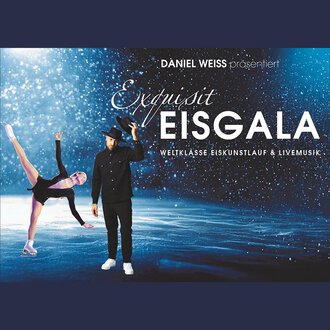 A figure skating gala with a dancer on the ice and a musician in elegant clothing. In the background, a sparkling ice surface and a colorful, glowing sky can be seen. | © Eisgala Entertainment e.K. | Jochen Günther