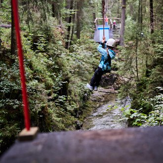 A child swings on a zip line between trees in a green forest. Surrounded by nature and a narrow stream below. | © Kleinwalsertal Tourismus | Oliver Farys