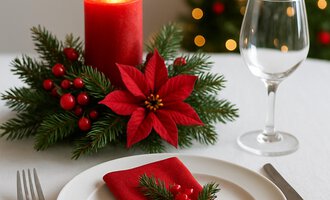 A festively set table with a red candle and a Christmas star. The decoration is surrounded by pine branches and berries. | © KI generiert Kleinwalsertal Tourismus