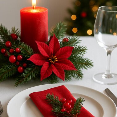 A festively set table with a red candle and a Christmas star. The decoration is surrounded by pine branches and berries. | © KI generiert Kleinwalsertal Tourismus
