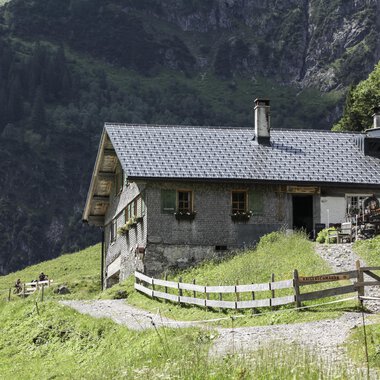 A cozy mountain house surrounded by green meadows and tall mountains. In the foreground, a path leads to the front door, and a flag is waving in the wind. | © Kleinwalsertal Tourismus | Frank Drechsel