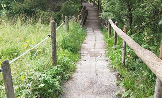 A narrow path with stones leads through a green landscape. The surroundings are surrounded by trees and bushes. | © Nicole Lughammer
