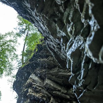 © Breitachklammverein eG | Dominik Berchtold An impressive rock formation with a waterfall, surrounded by green trees. The view is upward, the sky is cloudy. | © Breitachklammverein eG | Dominik Berchtold