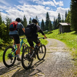 © Kleinwalsertal Tourismus | Oliver Farys Two cyclists ride along a path in a green landscape. In the background, trees and a small cabin can be seen. | © Kleinwalsertal Tourismus | Oliver Farys