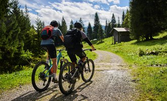 Two cyclists ride along a path in a green landscape. In the background, trees and a small cabin can be seen. | © Kleinwalsertal Tourismus | Oliver Farys