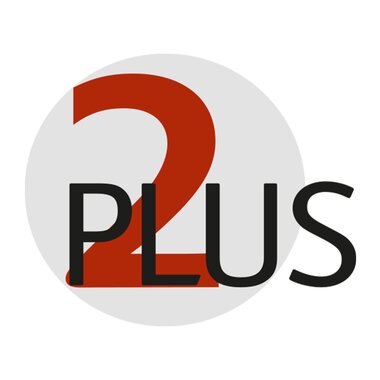 Ein einfaches und modernes Logo mit der Zahl "2" in Rot und dem Wort "PLUS" in schwarzer Schrift. Der Hintergrund ist rund und grau. | © 2-Plus Versicherungsagentur Logo