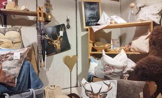 Ein gemütlicher Raum mit verschiedenen Kissen und Dekorationsartikeln. Auf einem Regal befinden sich Artikel mit Tiermotiven und Holzaccessoires. | © Abler Mittelberg | N. Lughammer