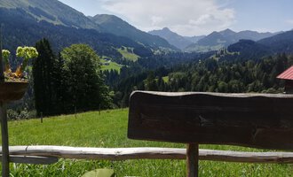 An idyllic mountain landscape with green meadows and high mountains in the background. In the foreground, there is a wooden bench with a table. | © Alpe Hinterenge1 | Nicole Lughammer