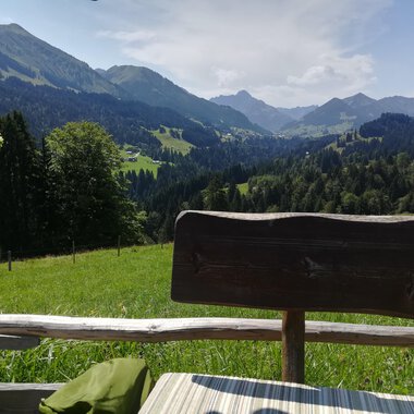 An idyllic mountain landscape with green meadows and high mountains in the background. In the foreground, there is a wooden bench with a table. | © Alpe Hinterenge1 | Nicole Lughammer