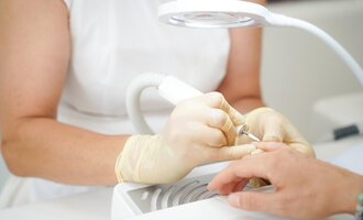 A beautician is performing a manicure. She is wearing gloves and working with an electric device on one hand. | © Annett Schwärzler Nails & Spa | Stefanie Haid