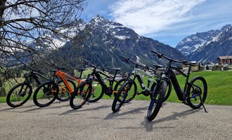 A group of bicycles stands on a paved path in front of an impressive mountain landscape. The sky is clear and there is still snow on the peaks. | © Austrian Ski- & Service Ranch | Trixi Leitner