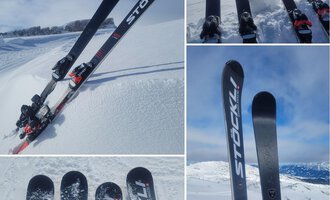A group of skis lies on fresh snow in front of a winter mountain backdrop. The skis are by the brand Stöckli and feature a modern design. | © Austrian Ski- & Service Ranch | Trixi Leitner