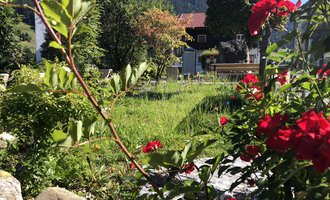 A beautiful garden with colorful flowers and fresh greenery. In the background, there are trees and a house with mountains visible. | © Kleinwalsertal Tourismus | Louisa Hieke