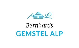 The logo features a stylized mountain hut, trees, and mountains. The inscriptions "Bernhards" and "GEMSTEL ALP" are designed in a clear and modern style. | © Bernhards Gemstelalp Mittelberg Logo