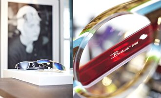 Fashionable sunglasses are lying on a table, surrounded by a stylish ambiance. In the background, a black-and-white portrait can be seen. | © Bräuer Optik & Akustik | AlpenMedia-Design