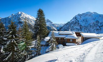 A winter landscape with snow-covered mountains and a wooden cabin. The nature is surrounded by fir trees and the sky is clear and blue. | © Bühlalpe | Frank Drechsel