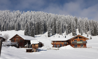A picturesque winter landscape with snow-covered cottages. Tall, green coniferous trees surround the scene under a clear sky.