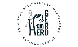A logo of a delicatessen manufactory featuring a chef symbol. The name "GER am HERD" is at the center, surrounded by additional information. | © Gerd am Herd | Gerd Hammerer Logo
