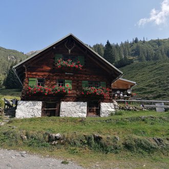 A rustic wooden house surrounded by green meadows and mountains. Flower boxes with colorful flowers adorn the windows. | © Fluchtalpe | N. Lughammer