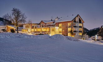 A beautiful chalet in the snow with illuminated windows. The sky is clear and it is twilight.