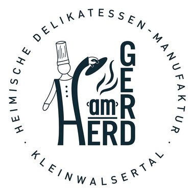 Ein stilisiertes Logo mit einem Koch und dem Schriftzug "GEr am HERD". Es repräsentiert eine Delikatessen-Manufaktur im Kleinwalsertal. | © Gerd am Herd | Gerd Hammerer Logo