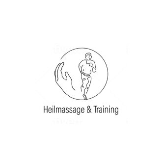 A minimalist logo that shows a hand and a running figure. The text below reads "Heilmassage & Training". | © Florian Nyer Logo