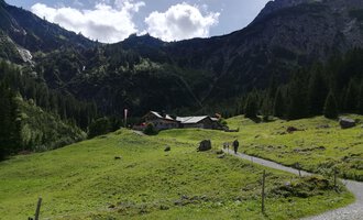 A picturesque landscape with a green valley and mountains in the background. In the foreground, a hiking trail runs along a meadow. | © Kleinwalsertal Tourismus | N. Lughammer