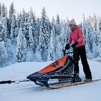 A person is standing on a sled in the snow, surrounded by tall, snow-covered trees. The woman is wearing a pink jacket and a hat. | © Kleinwalsertal Tourismus | Oliver Farys