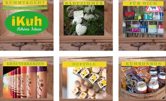 A picture collage featuring various products. At the top, there are categories like "Bathroom" and "For you," accompanied by items such as herbal pillows and essential oils.