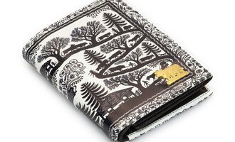 An elegant wallet with an artistic black-and-white pattern of trees and landscapes. It looks stylish and unique.
