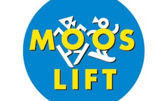A round logo with the text "MOOS LIFT" in yellow letters on a blue background. Various stylized figures are also depicted.