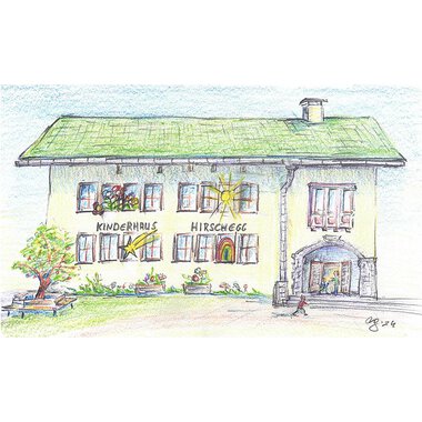 A colorful, hand-drawn building named "Kinderhaus Hirschegg". Surrounded by garden landscapes and cheerful details that create an inviting atmosphere. | © Gemeinde Mittelberg