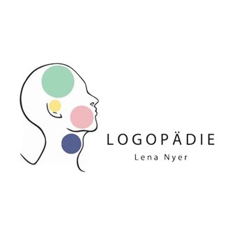 A minimalist logo with the word "LOGOPÄDIE" and the name "Lena Nyer". It features a stylized profile view of a head with colorful circles. | © Logopädie Lena Nyer Logo