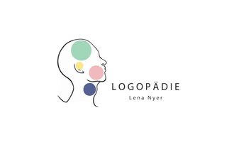 A minimalist logo with the word "LOGOPÄDIE" and the name "Lena Nyer". It features a stylized profile view of a head with colorful circles. | © Logopädie Lena Nyer Logo