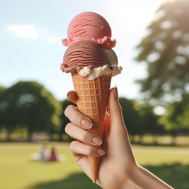An ice cream cone with three scoops is being held by a hand. In the background, there are trees and a sunny meadow. | © KI erstellt