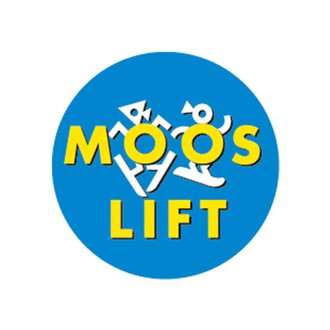 A round logo with the inscription "MOOS LIFT" in yellow and white letters on a blue background. It features stylized figures that symbolize movement and activity. | © Mooslift Mittelberg Logo