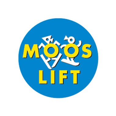 A round logo with the inscription "MOOS LIFT" in yellow and white letters on a blue background. It features stylized figures that symbolize movement and activity. | © Mooslift Mittelberg Logo