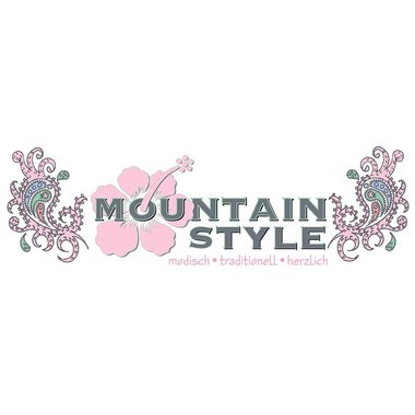 Ein kreatives Logo mit dem Text "MOUNTAIN STYLE". Die Gestaltung ist modisch und traditionell mit floralen Mustern. | © mountain_styleV2_rosa Logo