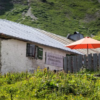 A charming alpine hut with a red sun umbrella in the greenery. In the background, gentle hills and a mountain landscape can be seen. | © Kleinwalsertal Tourismus | Andre Tappe
