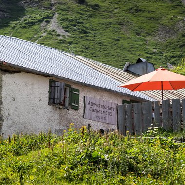 A charming alpine hut with a red sun umbrella in the greenery. In the background, gentle hills and a mountain landscape can be seen. | © Kleinwalsertal Tourismus | Andre Tappe