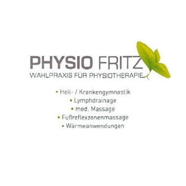 Eine Visitenkarte für die Praxis "Physio Fritz". Sie bietet verschiedene physiotherapeutische Dienstleistungen wie Heilgymnastik, Lymphdrainage und medizinische Massagen an. | © Praxis Physiotherapie Fritz Visitenkarte Logo