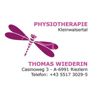 A logo for a physiotherapy practice named "Thomas Wiederin". The design features a dragonfly and includes contact details and the address. | © Thomas Wiederin Logo
