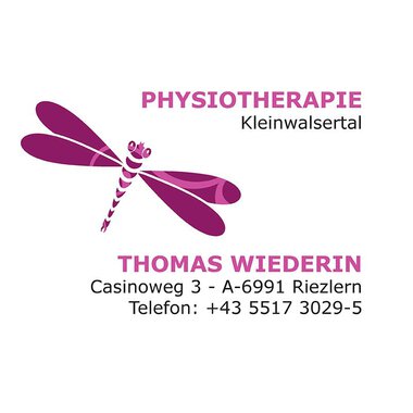 A logo for a physiotherapy practice named "Thomas Wiederin". The design features a dragonfly and includes contact details and the address. | © Thomas Wiederin Logo