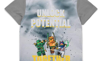 A gray T-shirt with a colorful print of three figures. It has the text "UNLOCK POTENTIAL TOGETHER" on it.