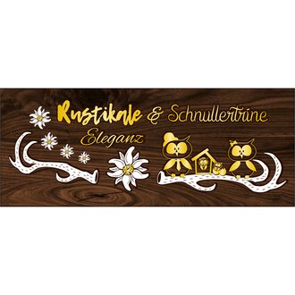 A creative graphic with the text "Rustic & Pacifier" in elegant font. Below are stylized owls and flowers depicted on a wood-like background. | © Rustikale Eleganz Logo