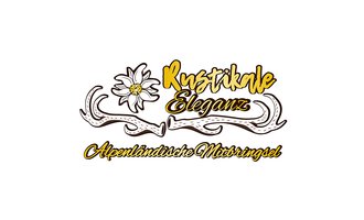 A stylish logo with a rustic design. It features an alpine flower and antlers, with the inscription "Rustic Elegance" and "Alpine Souvenirs". | © Rustikale Eleganz Logo