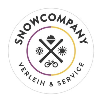 A round logo with the name "SNOWCOMPANY". It features symbols for skiing, sunshine, and bicycles, as well as the addition "Rental & Service".